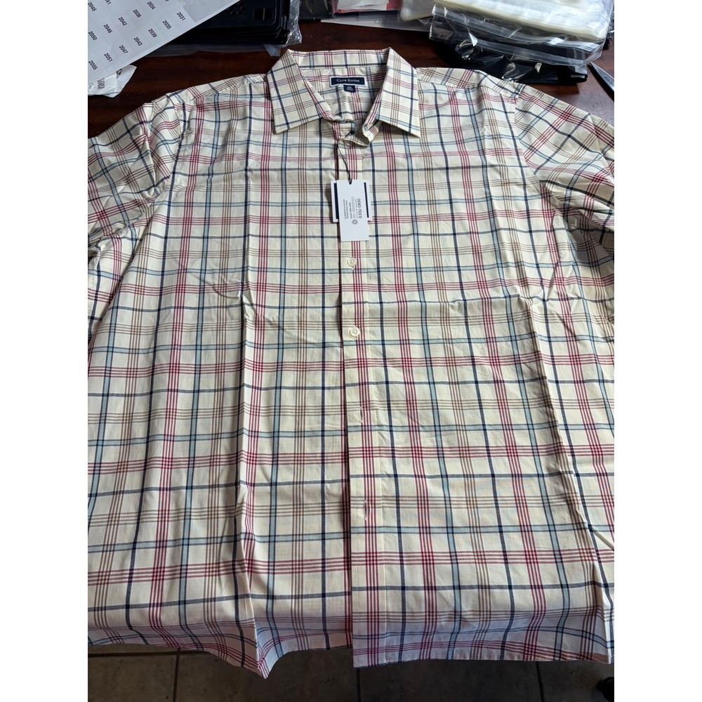Club Room Mens XXL Stretch Short Sleeve Plaid Button Down Shirt Cream Red Blue